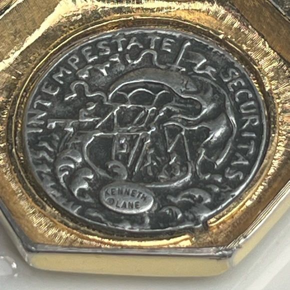 Vintage Kenneth Lane Gold Omega Link Chain Silver Coin Collar Choker Necklace - Picture 6 of 11